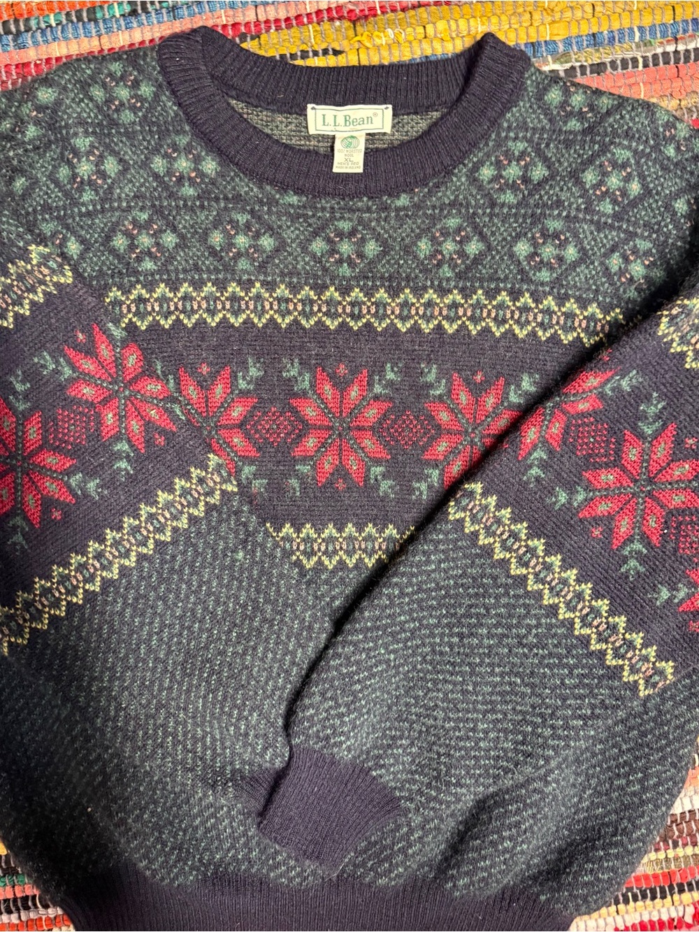 LL Bean Vintage Wool Sweater Mens XL Blue Fair Isle Snowflake Made in Ireland